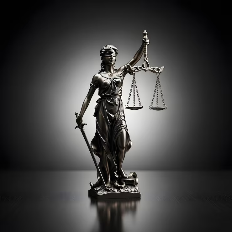 Estátua da dama da Justiça, com balança e espada